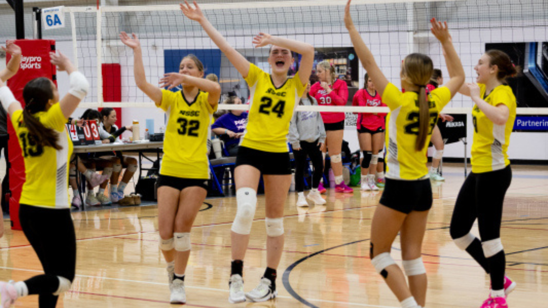 Volleyball players celebrating a point.