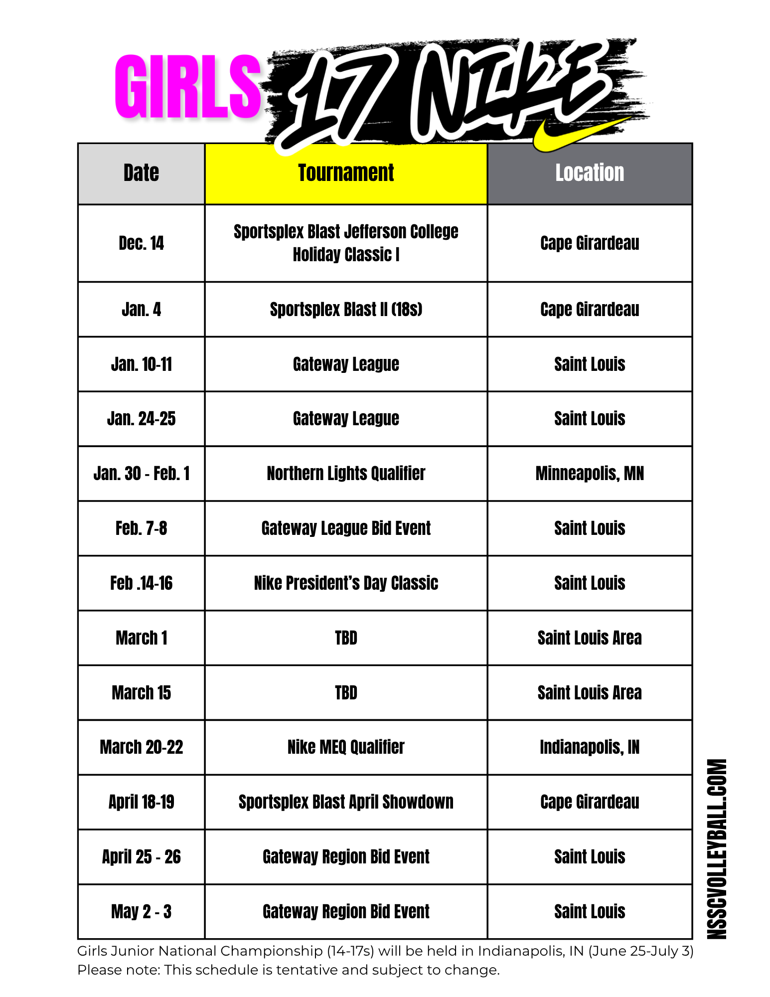 NSSC 17s schedule 2026 2