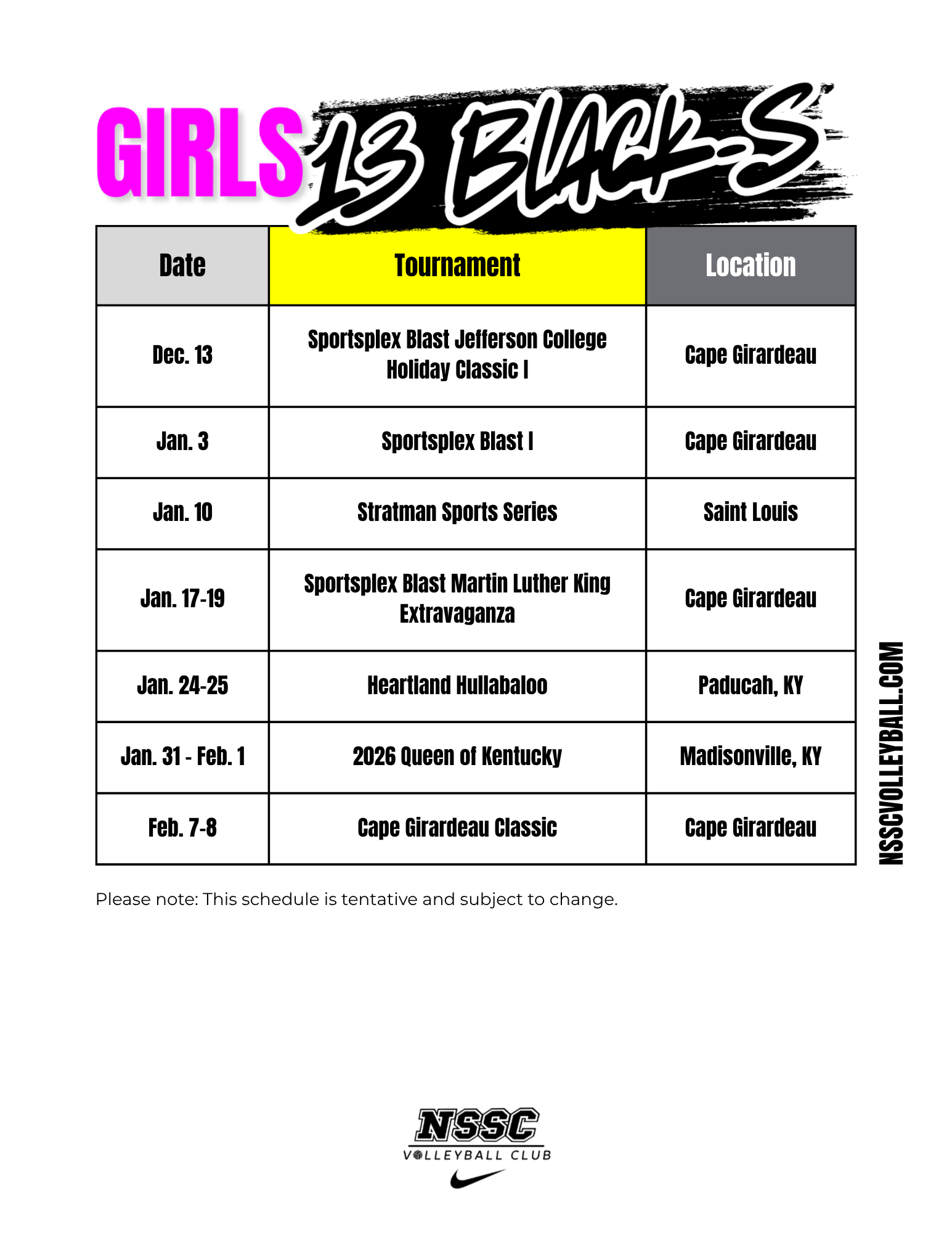 NSSC 13 Black-S 2026 Schedule