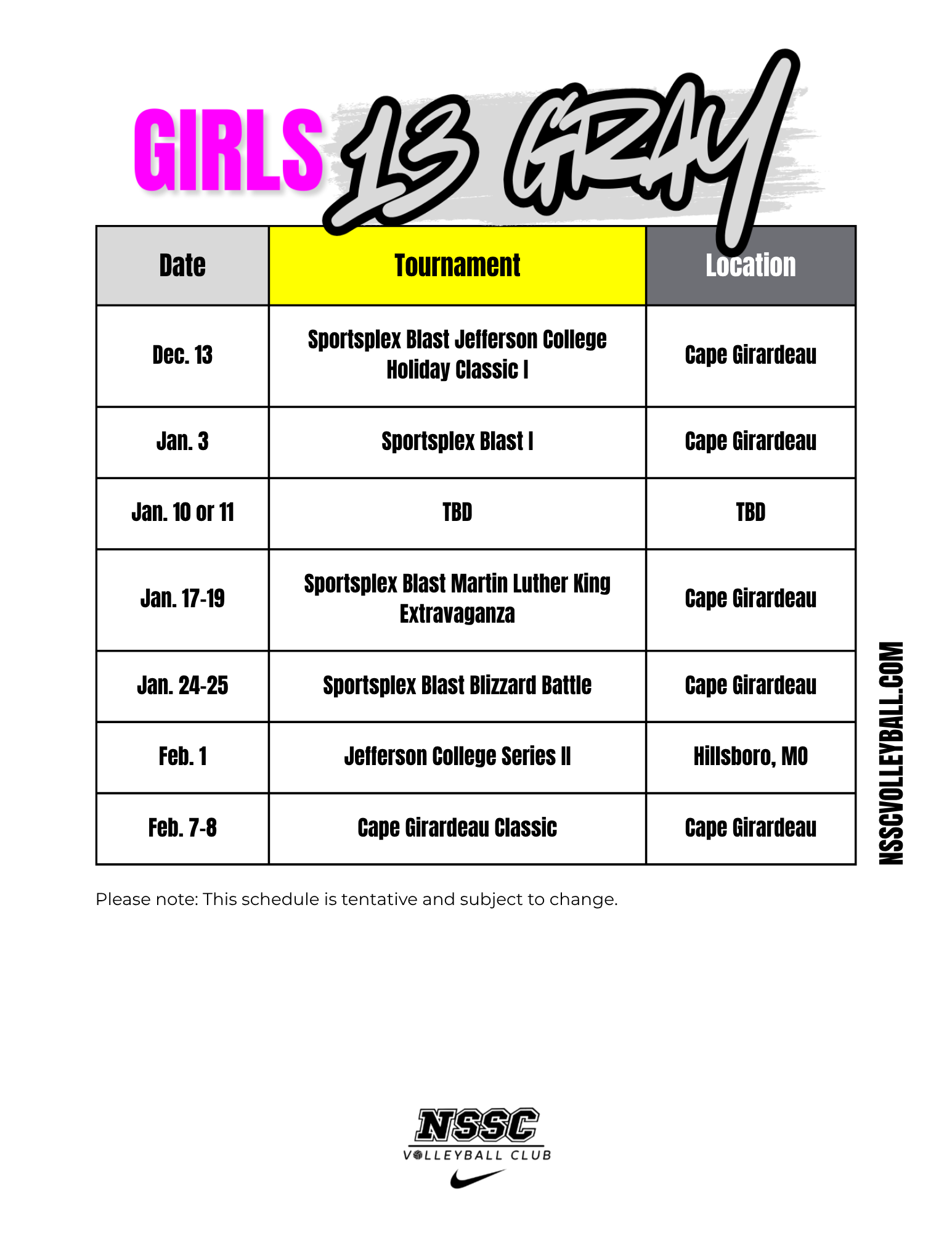 NSSC 13 Gray 2026 Schedule