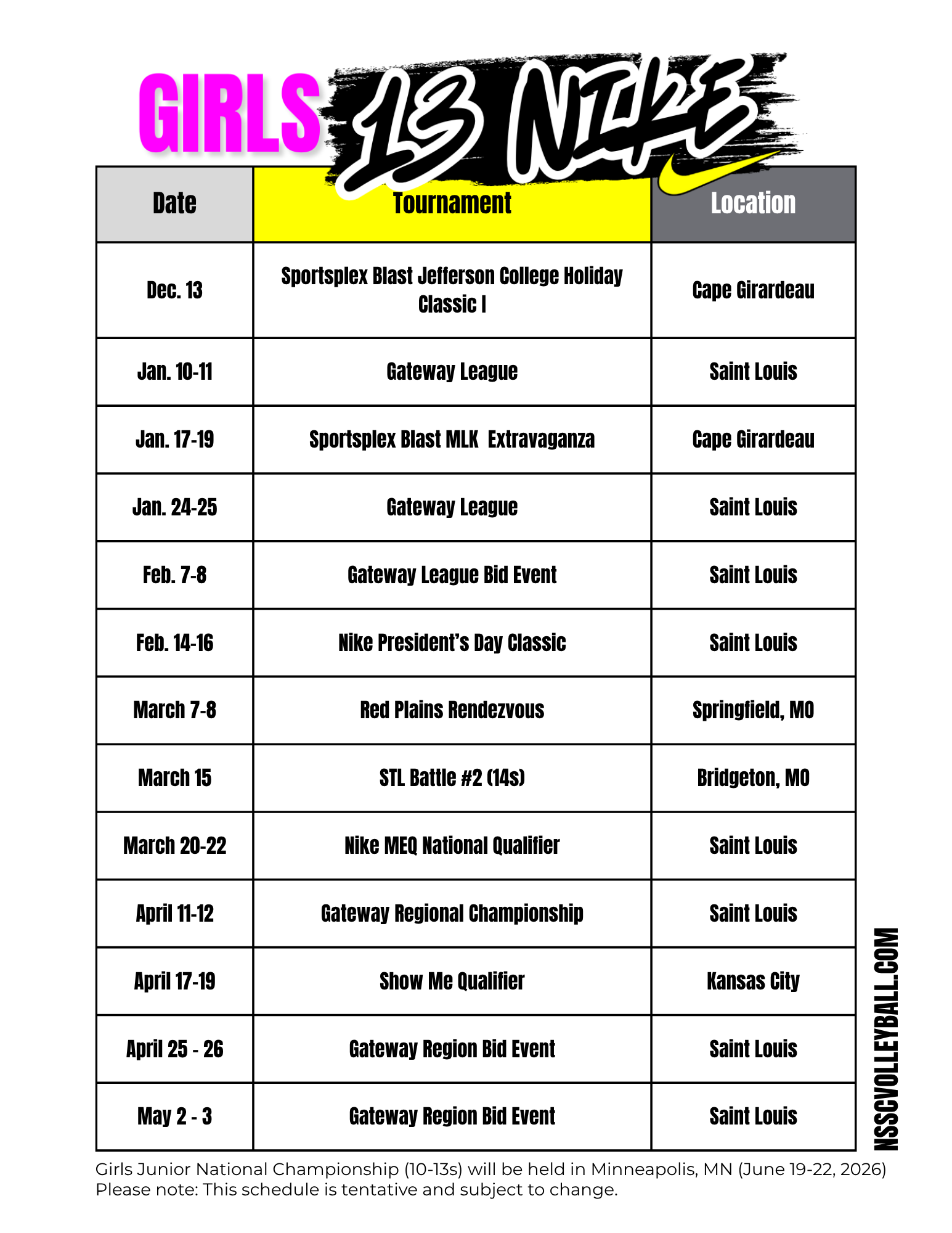 NSSC 13 Nike 2026 Schedule