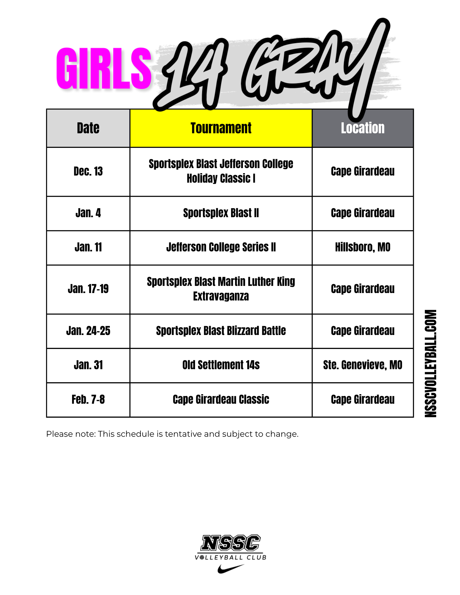 NSSC 14 Gray 2026 Schedule