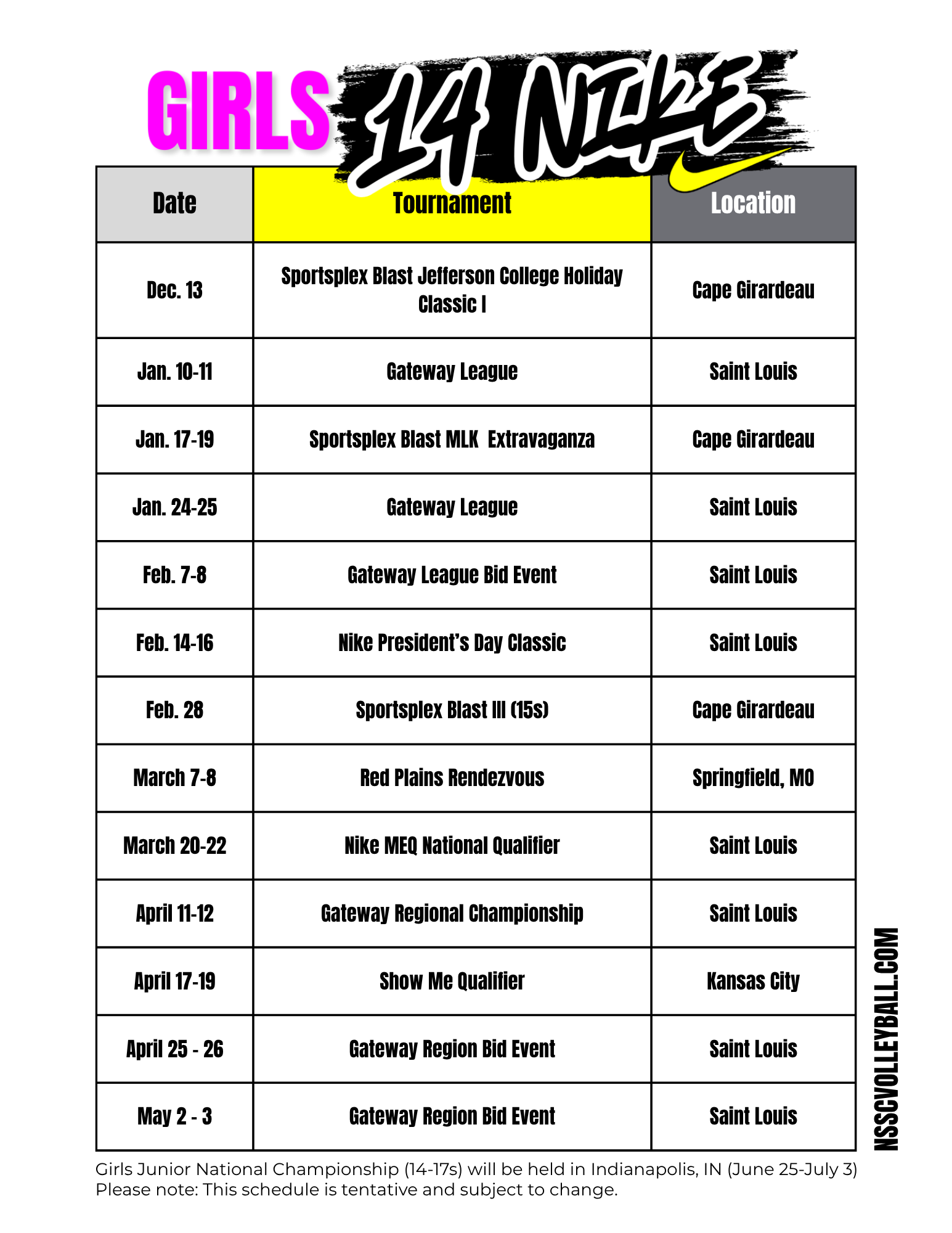 NSSC 14 Nike 2026 Schedule