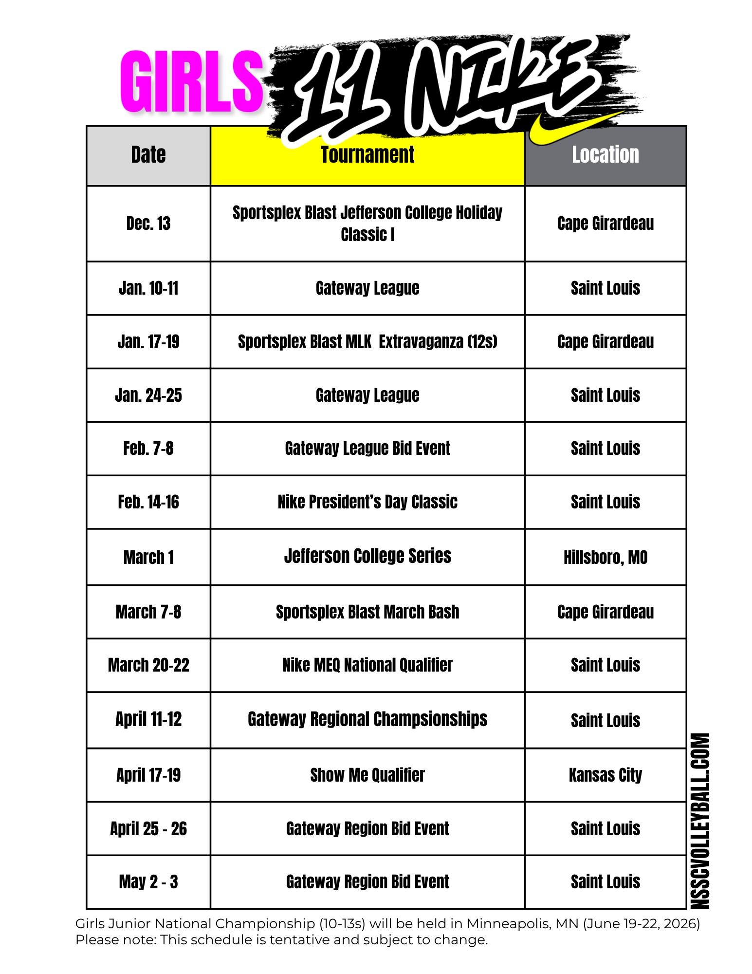 NSSC Girls 11 Nike Schedule NSSC Girls 11 Nike Schedule