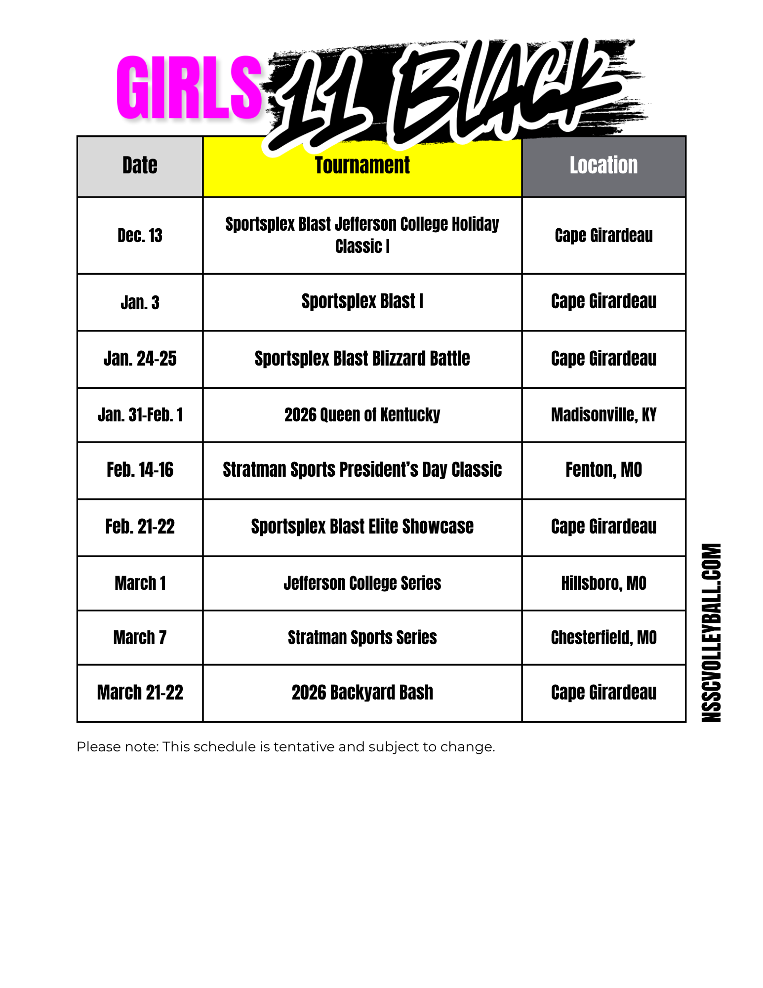 NSSC Girls 11 black Schedule NSSC Girls 11 black Schedule
