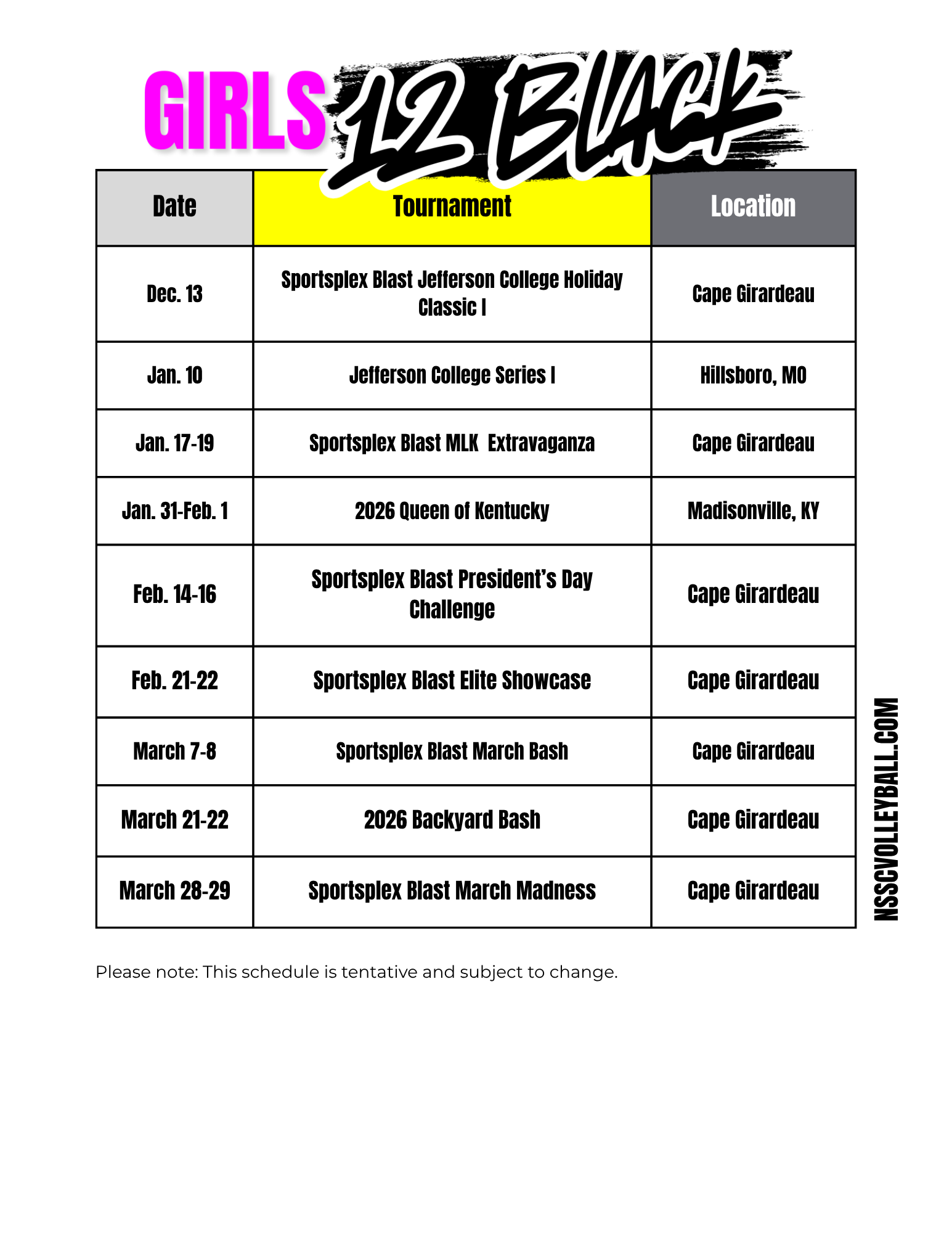 NSSC Girls 12 black Schedule