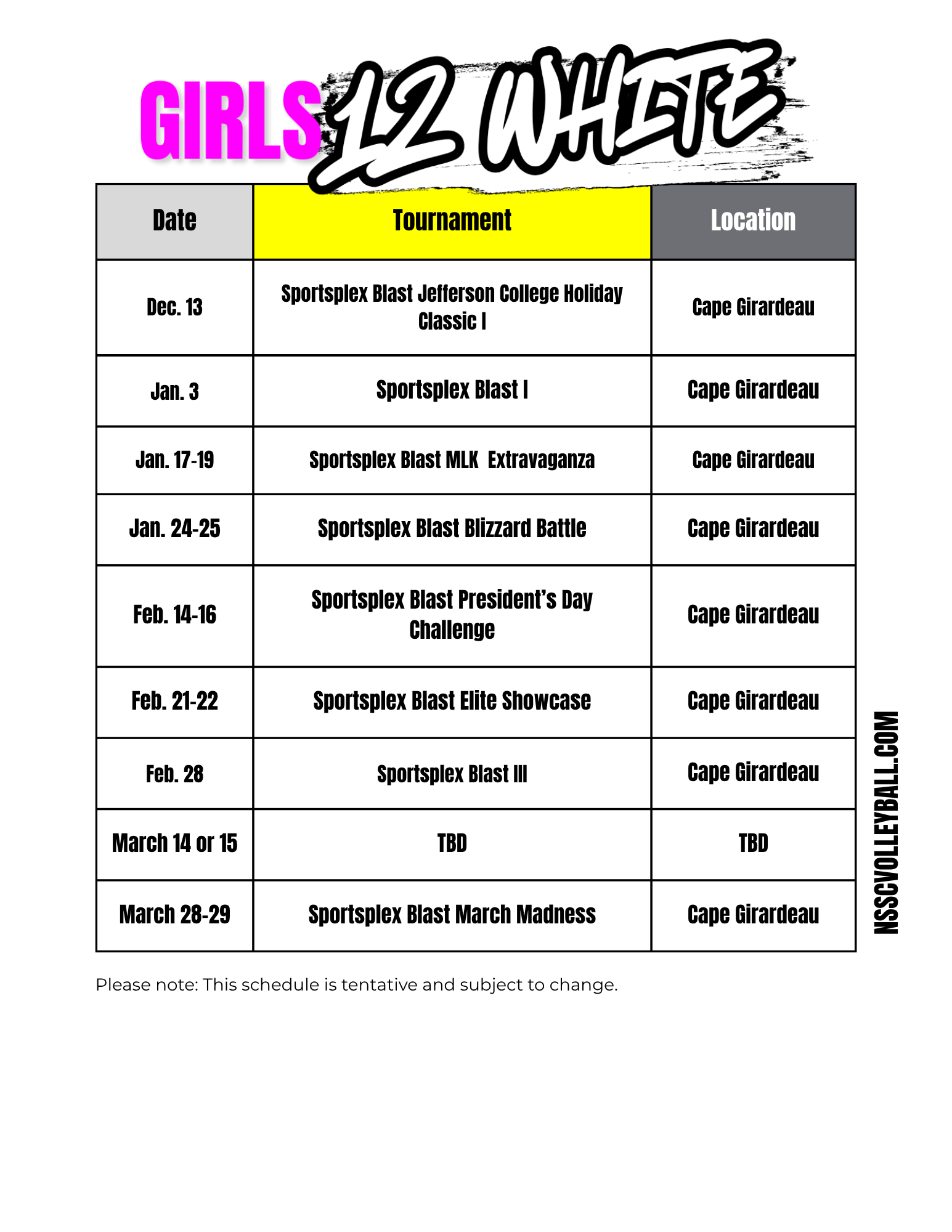 NSSC Girls 12 white Schedule