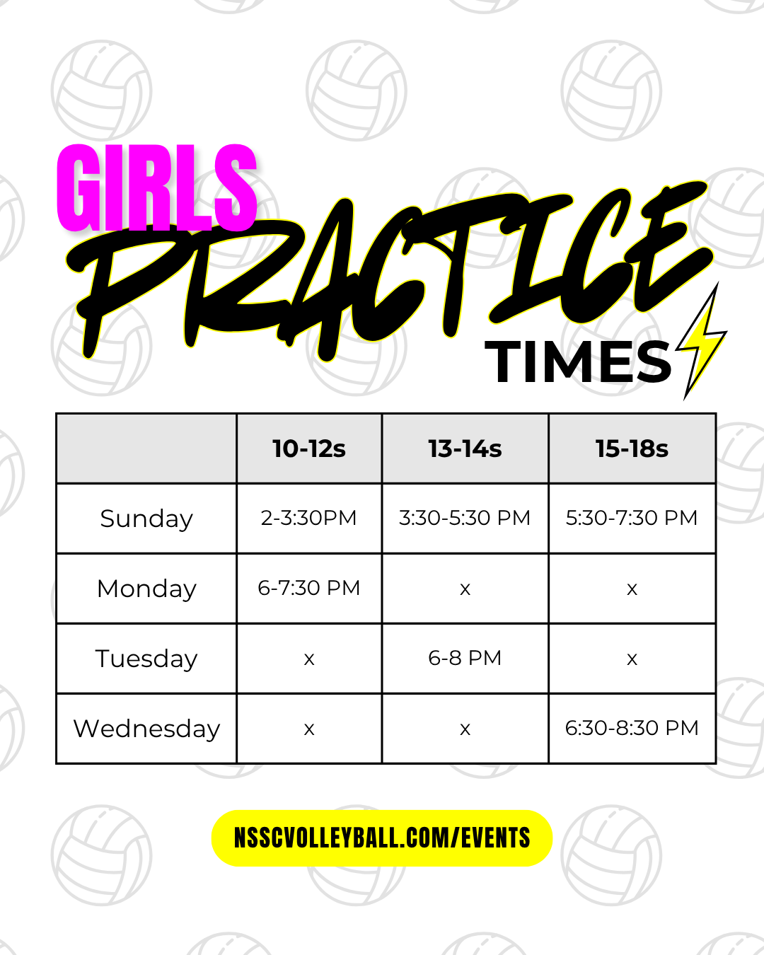 NSSC - girls practice times
