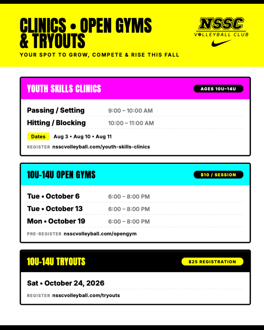 10u-14u fall lineup = clinics, tryouts