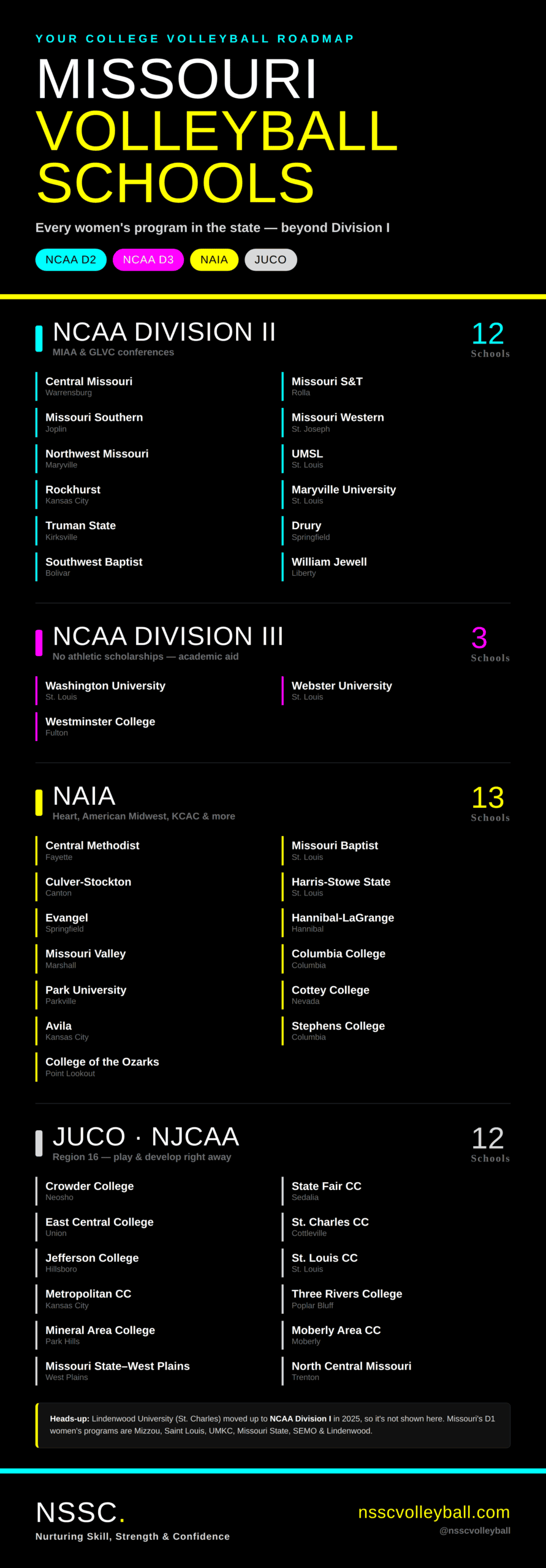 Missouri Women's Volleyball Schools by Level